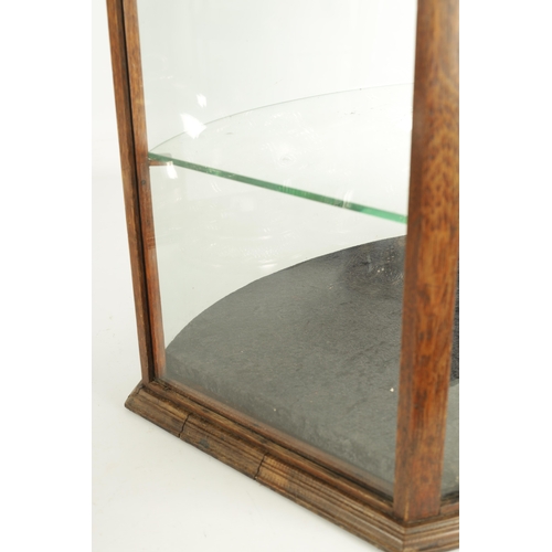 1297 - AN UNUSUAL LATE 19TH CENTURY OAK FRAME-SIDED STANDING GLAZED DISPLAY CASE with a hinged end door and... 