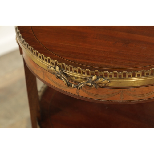 1302 - A LATE 19TH CENTURY FRENCH KINGWOOD AND SATINWOOD INLAID THREE TIER OCCASIONAL TABLE with ormolu mou... 