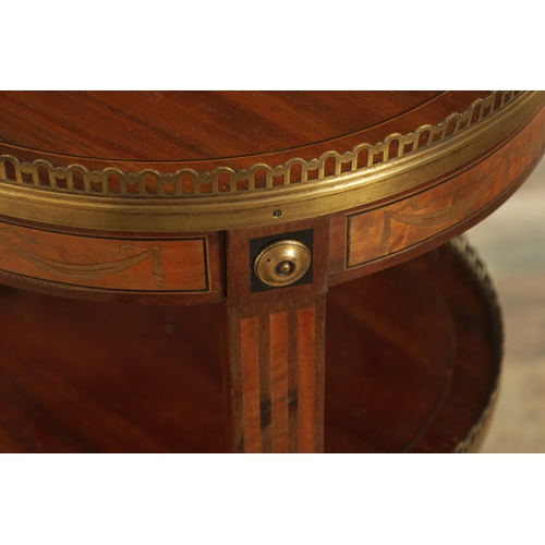 1302 - A LATE 19TH CENTURY FRENCH KINGWOOD AND SATINWOOD INLAID THREE TIER OCCASIONAL TABLE with ormolu mou... 