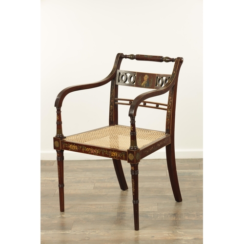 1303 - A GEORGE III PAINTED MAHOGANY BERGERE OPEN ARMCHAIR decorated with floral sprays bearing the portrai... 