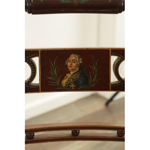 1303 - A GEORGE III PAINTED MAHOGANY BERGERE OPEN ARMCHAIR decorated with floral sprays bearing the portrai... 