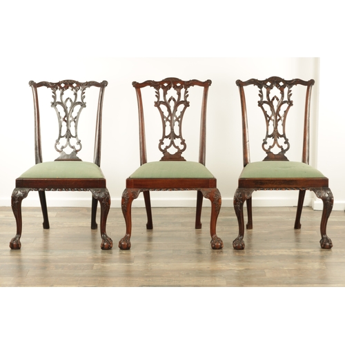 1308 - A FINE SET OF EIGHT GEORGE III AND LATER MAHOGANY CHIPPENDALE STYLE DINING CHAIRS with finely carved... 