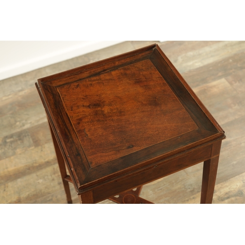 1313 - A GOOD AND RARE GEORGE III ROSEWOOD AND AMARILLO WOOD KETTLE STAND with square inlaid top with galle... 