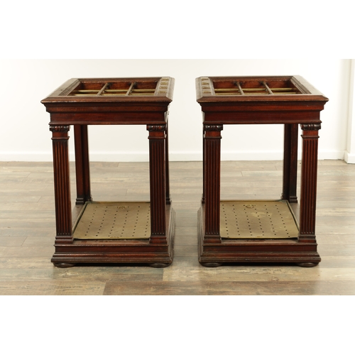 1320 - A GOOD PAIR OF 19TH CENTURY COUNTRY HOUSE WALNUT AND BRASS STICK STANDS having initials to the top r... 