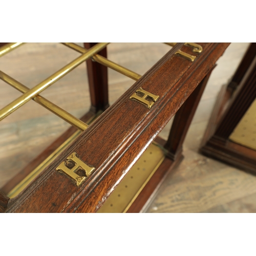 1320 - A GOOD PAIR OF 19TH CENTURY COUNTRY HOUSE WALNUT AND BRASS STICK STANDS having initials to the top r... 