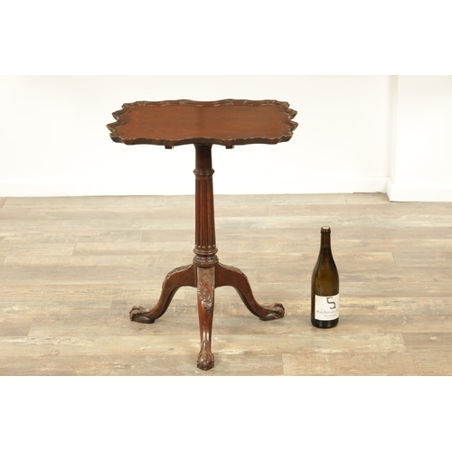 1326 - A GEORGE III AND LATER MAHOGANY TILT-TOP TABLE OF SMALL SIZE with square pie crust scalloped top abo... 