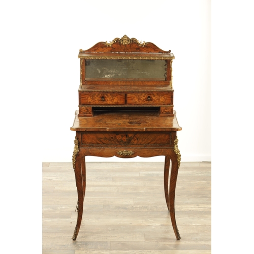 1327 - A 19TH CENTURY MARQUETRY AND FIGURED WALNUT BONIER DE JEUR having a mirrored back super-structure wi... 