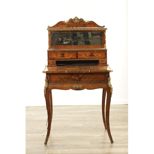 1327 - A 19TH CENTURY MARQUETRY AND FIGURED WALNUT BONIER DE JEUR having a mirrored back super-structure wi... 