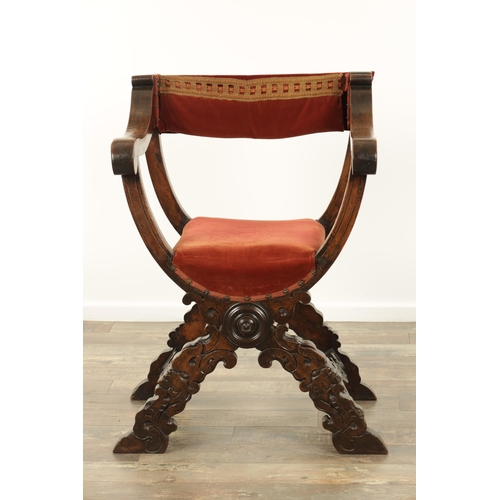 1333 - A 17TH CENTURY ITALIAN WALNUT X FRAMED THROWN CHAIR with velvet upholstered back and seat having car... 