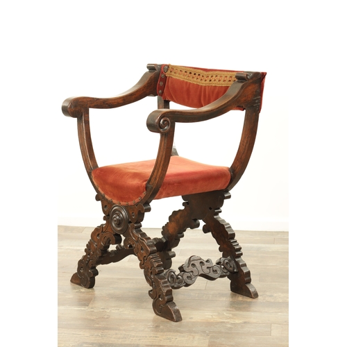 1333 - A 17TH CENTURY ITALIAN WALNUT X FRAMED THROWN CHAIR with velvet upholstered back and seat having car... 