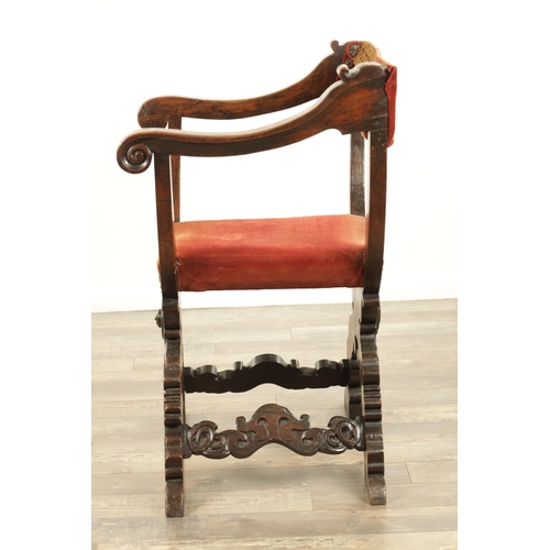 1333 - A 17TH CENTURY ITALIAN WALNUT X FRAMED THROWN CHAIR with velvet upholstered back and seat having car... 