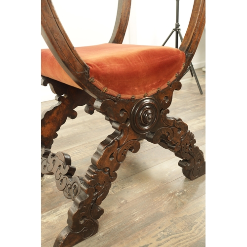 1333 - A 17TH CENTURY ITALIAN WALNUT X FRAMED THROWN CHAIR with velvet upholstered back and seat having car... 