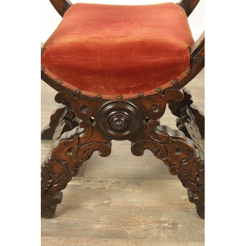 1333 - A 17TH CENTURY ITALIAN WALNUT X FRAMED THROWN CHAIR with velvet upholstered back and seat having car... 