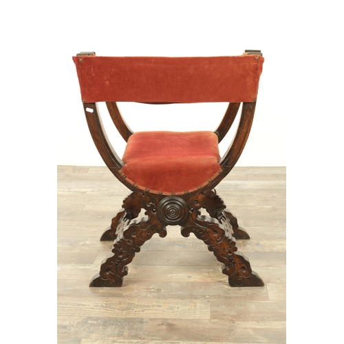 1333 - A 17TH CENTURY ITALIAN WALNUT X FRAMED THROWN CHAIR with velvet upholstered back and seat having car... 