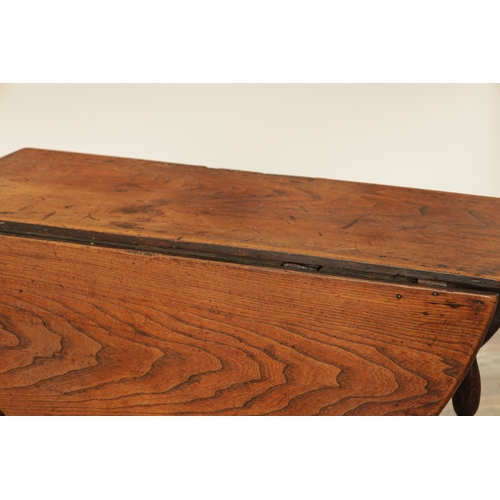 1334 - AN EARLY 18TH CENTURY JOINED ELM AND OAK GATELEG TABLE the richly figured oval drop leaf top above a... 