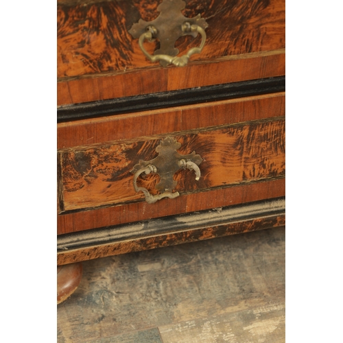 1335 - AN EARLY 18TH CENTURY CONTINENTAL MULBERRY WOOD BUREAU BOOKCASE with a shaped top surmount and hinge... 