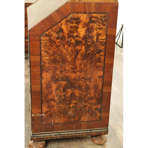 1335 - AN EARLY 18TH CENTURY CONTINENTAL MULBERRY WOOD BUREAU BOOKCASE with a shaped top surmount and hinge... 