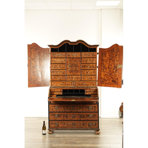 1335 - AN EARLY 18TH CENTURY CONTINENTAL MULBERRY WOOD BUREAU BOOKCASE with a shaped top surmount and hinge... 