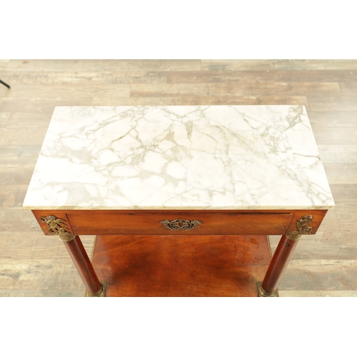 1337 - AN EARLY 20TH CENTURY FRENCH FIGURED MAHOGANY SIDE TABLE with white marble top above a frieze drawer... 