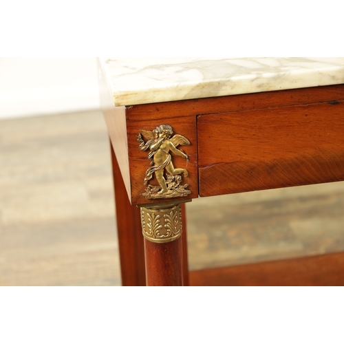 1337 - AN EARLY 20TH CENTURY FRENCH FIGURED MAHOGANY SIDE TABLE with white marble top above a frieze drawer... 