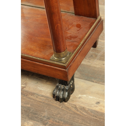 1337 - AN EARLY 20TH CENTURY FRENCH FIGURED MAHOGANY SIDE TABLE with white marble top above a frieze drawer... 