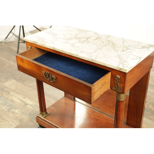 1337 - AN EARLY 20TH CENTURY FRENCH FIGURED MAHOGANY SIDE TABLE with white marble top above a frieze drawer... 