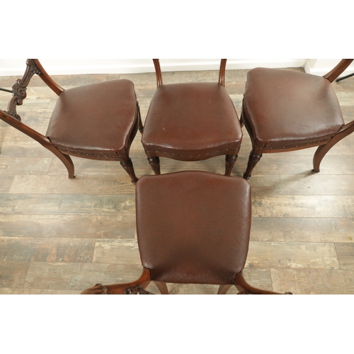 1340 - A SET OF FOUR ROSEWOOD WILLIAM IV DINING CHAIRS with open leaf carved backs and upholstered seats; r... 