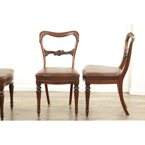 1340 - A SET OF FOUR ROSEWOOD WILLIAM IV DINING CHAIRS with open leaf carved backs and upholstered seats; r... 