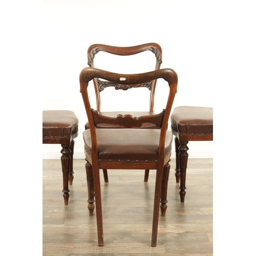 1340 - A SET OF FOUR ROSEWOOD WILLIAM IV DINING CHAIRS with open leaf carved backs and upholstered seats; r... 