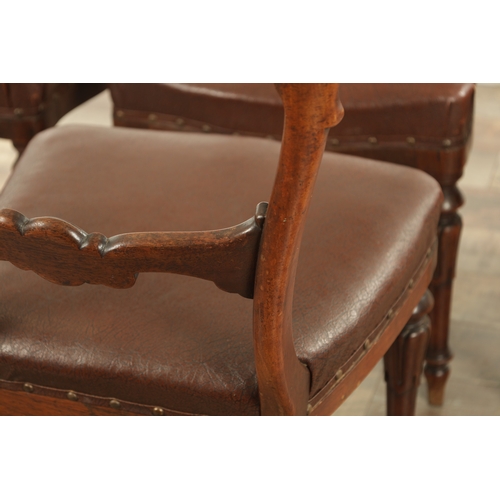 1340 - A SET OF FOUR ROSEWOOD WILLIAM IV DINING CHAIRS with open leaf carved backs and upholstered seats; r... 