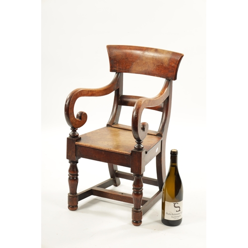 1342 - A 19TH CENTURY MAHOGANY CHILDS CHAIR with bar back and scrolled arms raised on turned legs (62cm hig... 