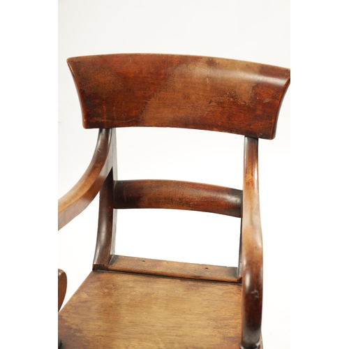 1342 - A 19TH CENTURY MAHOGANY CHILDS CHAIR with bar back and scrolled arms raised on turned legs (62cm hig... 