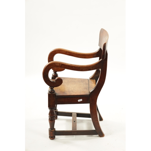 1342 - A 19TH CENTURY MAHOGANY CHILDS CHAIR with bar back and scrolled arms raised on turned legs (62cm hig... 