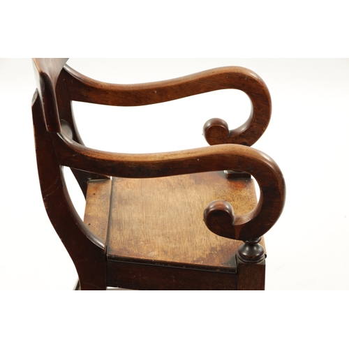 1342 - A 19TH CENTURY MAHOGANY CHILDS CHAIR with bar back and scrolled arms raised on turned legs (62cm hig... 