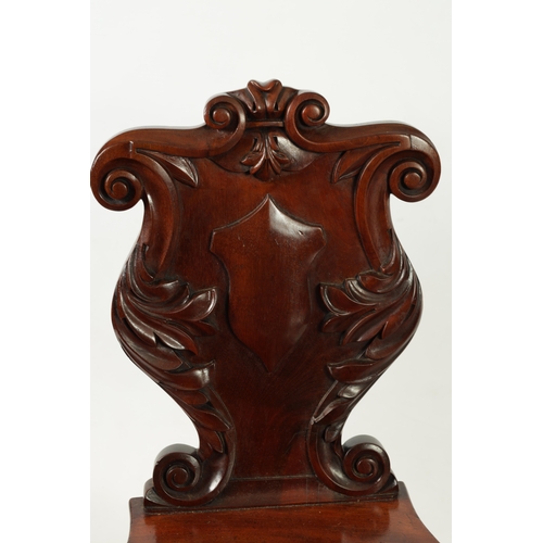 1346 - A PAIR OF WILLIAM IV MAHOGANY HALL CHAIRS with leaf-carved shaped backs above rounded seats; raised ... 