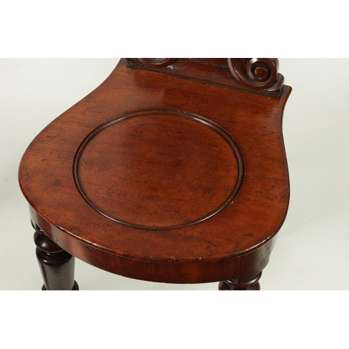 1346 - A PAIR OF WILLIAM IV MAHOGANY HALL CHAIRS with leaf-carved shaped backs above rounded seats; raised ... 