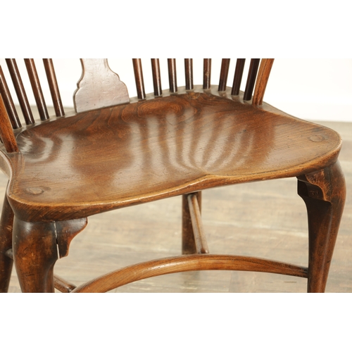 1347 - A 19TH CENTURY ASH AND ELM CABRIOLE LEGGED WINDSOR CHAIR with hooped back and shaped back splat with... 