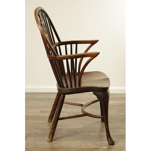 1347 - A 19TH CENTURY ASH AND ELM CABRIOLE LEGGED WINDSOR CHAIR with hooped back and shaped back splat with... 