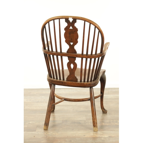 1347 - A 19TH CENTURY ASH AND ELM CABRIOLE LEGGED WINDSOR CHAIR with hooped back and shaped back splat with... 