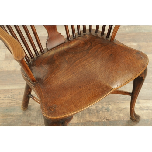 1347 - A 19TH CENTURY ASH AND ELM CABRIOLE LEGGED WINDSOR CHAIR with hooped back and shaped back splat with... 