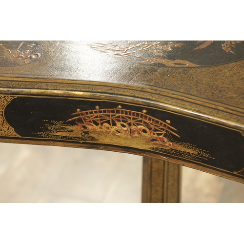 1348 - A REGENCY JAPANNED WORK TABLE with a shaped top having panelled decoration above a frieze drawer fit... 