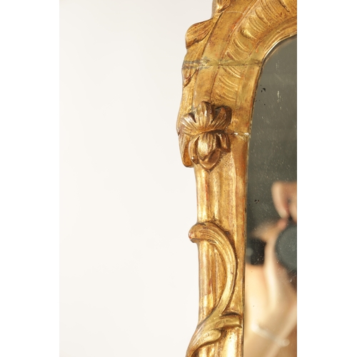 1350 - AN 18TH CENTURY GILT CARVED WOOD ROCOCO STYLE HANGING MIRROR with scrolled leaf carved surround with... 