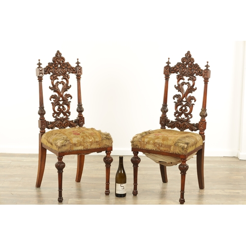 1360 - A PAIR OF 19TH CENTURY CARVED WALNUT SIDE CHAIRS with leaf carved backs and tapering leg supports (4... 