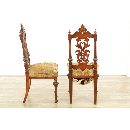 1360 - A PAIR OF 19TH CENTURY CARVED WALNUT SIDE CHAIRS with leaf carved backs and tapering leg supports (4... 