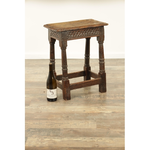 1364 - A LATE 17TH CENTURY JOINED OAK JOINT STOOL with plank top above a ring turned base joined by stretch... 