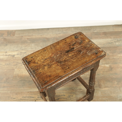 1364 - A LATE 17TH CENTURY JOINED OAK JOINT STOOL with plank top above a ring turned base joined by stretch... 