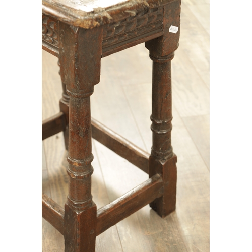 1364 - A LATE 17TH CENTURY JOINED OAK JOINT STOOL with plank top above a ring turned base joined by stretch... 