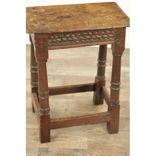 1364 - A LATE 17TH CENTURY JOINED OAK JOINT STOOL with plank top above a ring turned base joined by stretch... 