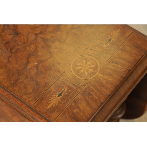 1372 - A GOOD 19TH CENTURY FIGURED WALNUT AND INLAID SUTHERLAND TABLE with fold-down sides and a fluted tur... 