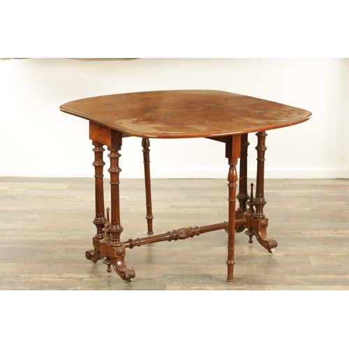 1372 - A GOOD 19TH CENTURY FIGURED WALNUT AND INLAID SUTHERLAND TABLE with fold-down sides and a fluted tur... 